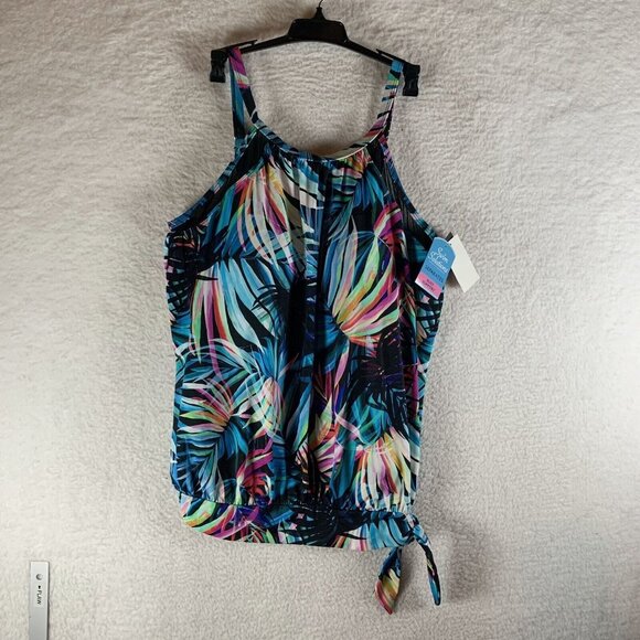 Swim‎ Solutions Blouson Tankini Top Women's 10 Multi Printed Tie-Waist Swimwear - Picture 1 of 5